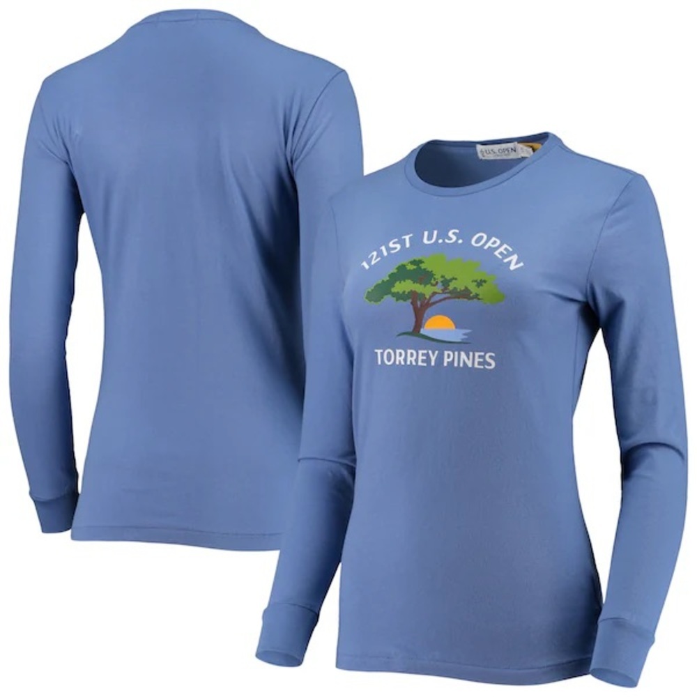 Blue Fitted Long Sleeve T-Shirt with Graphic Design 121st u.s. Open Torrey pines